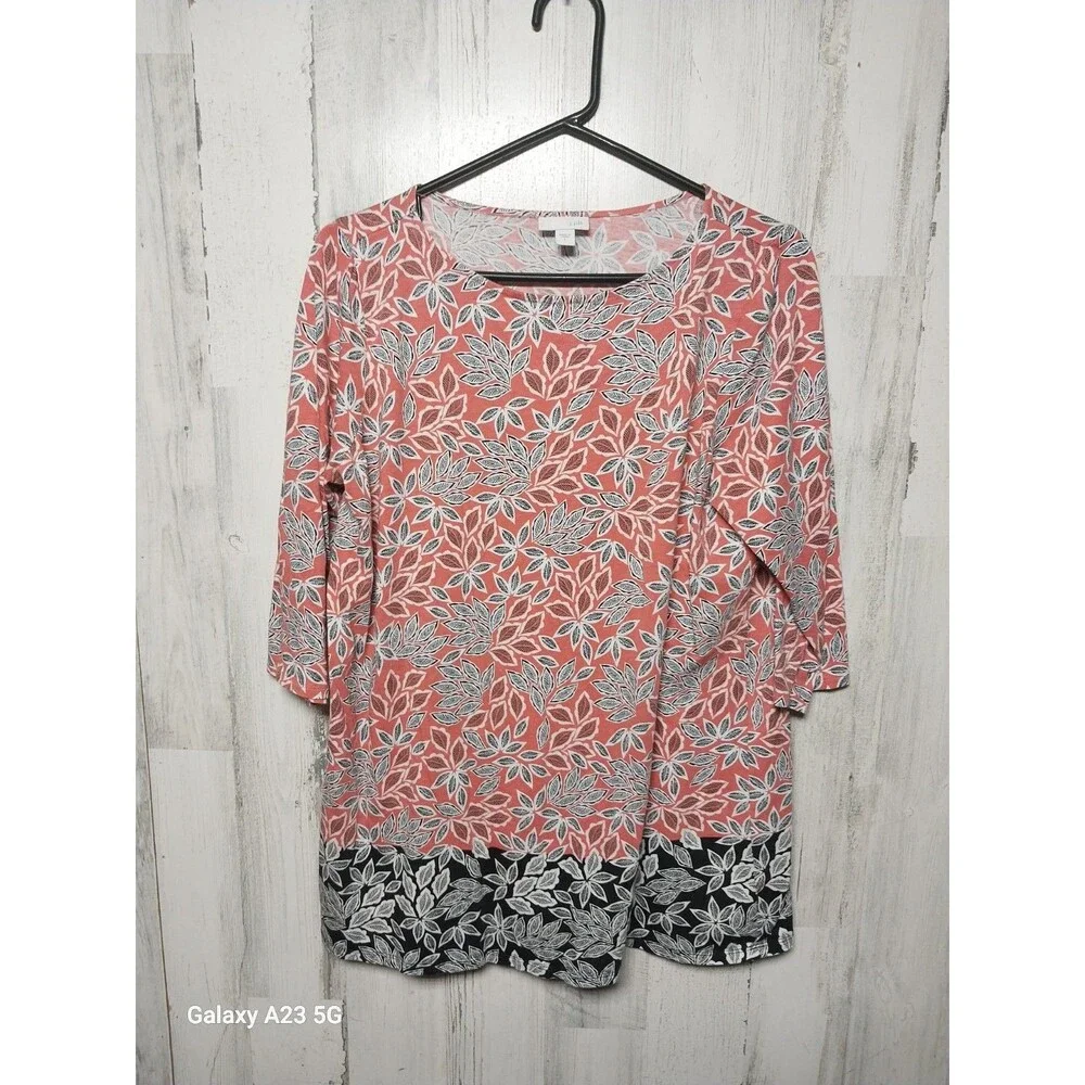 J. Jill Womens Blouse Pink Black Floral 3/4 Sleeve Jewel Neck Large